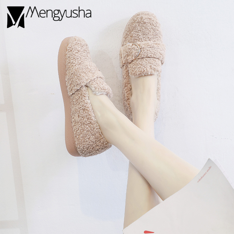 wool toe round 5b2a5 oxford warm plush winter flats female metal buckle curly fur cotton shoes woman furry moccasin ry