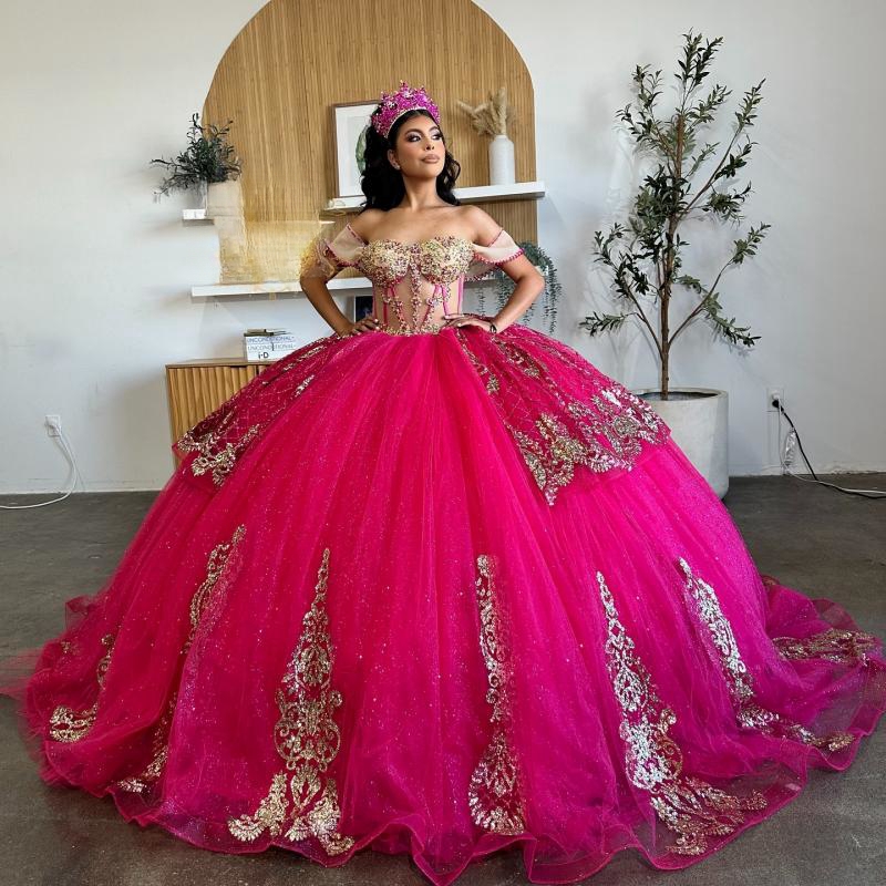 Red Beading Tassel Ball Gown Quinceanera Dresses Off The Shoulder Gold Appliques Lace Tull Vestidos De 15 Anos Sweet 16 Dress