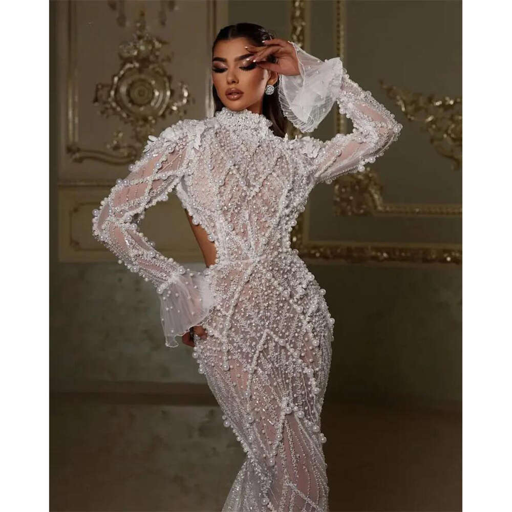 Elegant Pearls Lace Evening Dress Long Sleeves Open Back Party Gown Beach vestidos elegante Robe