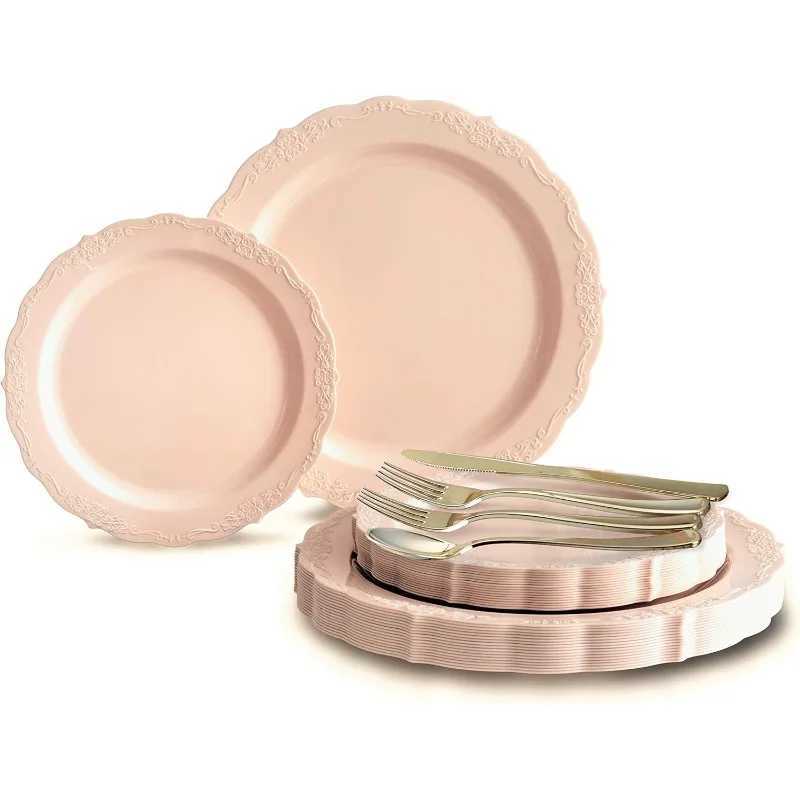 150 Pieces set(25 Guests)-Vintage Wedding Plastic Plates cutlery -Disposable Dinnerware 10 7.5 + Silverware w/double fork Y240902