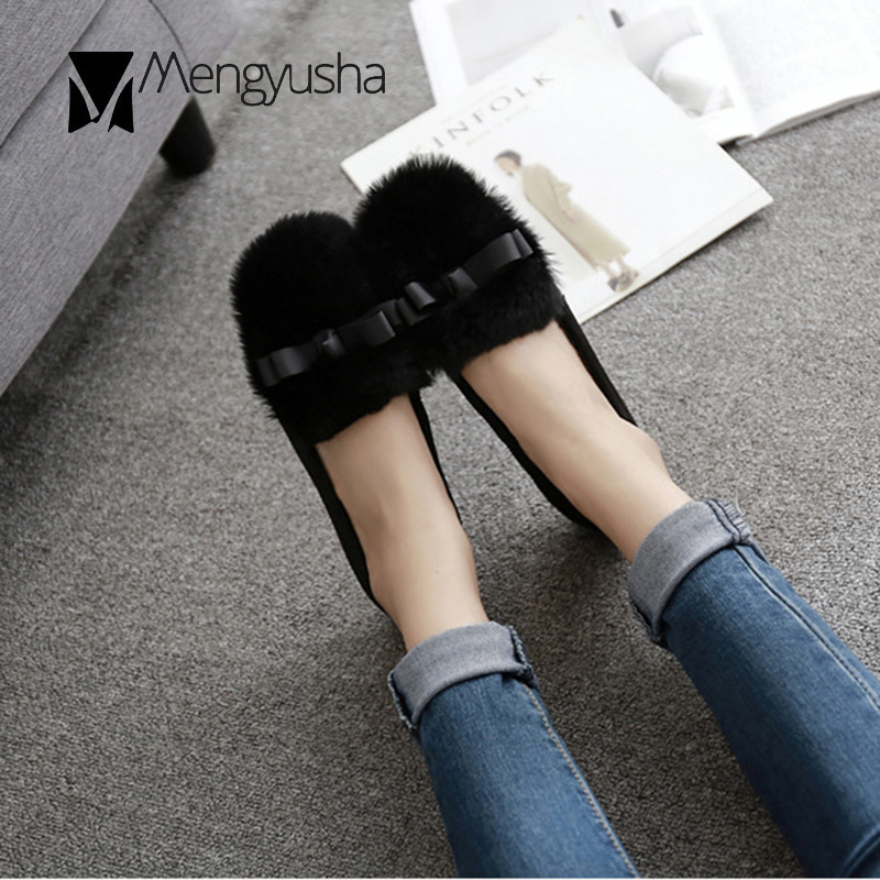 shoes fur Bow-knot cotton c17c3 women solid winter slip on moccasins celebrities round toe warm loafers hairy fleeces flats woman 2023