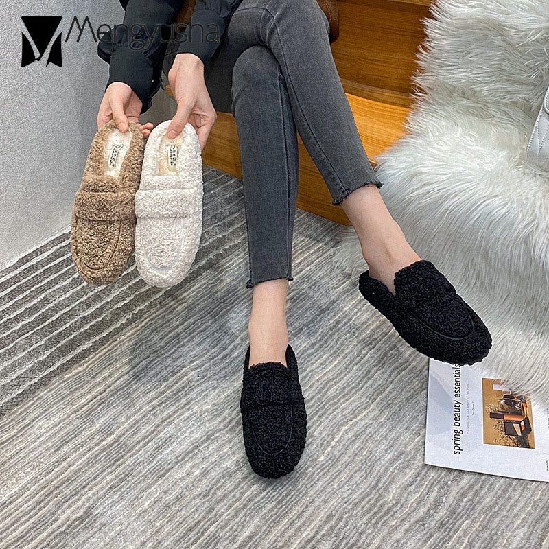 Women Winter House Lamb Fur Fashion Warm Shoes Woman Slip on Flats Female Slides Round toe Cozy Home Furry Slippers ry pers