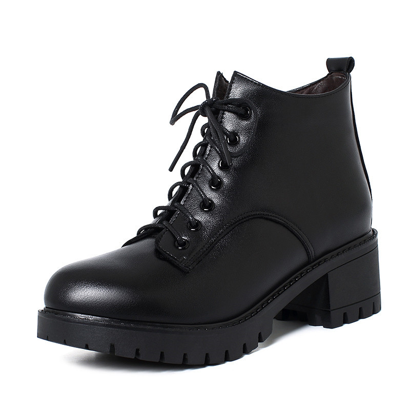 AIYUQI Marton Women Boots Genuine Leather Winter Wool Warm Women Snow Boots British Style Lace Up Chunky Short Boots Women