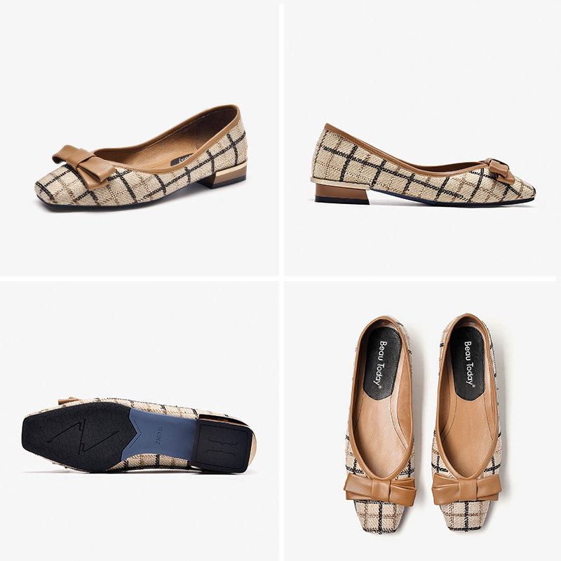 Low New BeauToday Heel Pumps Women Sheepskin Leather Plaid Cloth Square Toe Butterfly-knot Ladies Slip On Shoes Handmade 28023 0fe1