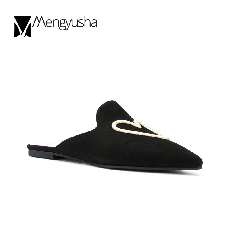 famous designer pointed toe heart embroider sandals women quality flock/suede letter printing slippers flat mules femmes c663
