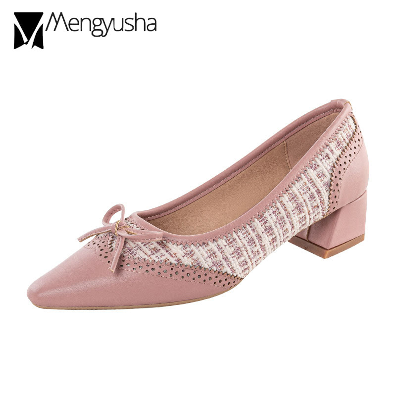 bowtie ladies pumps elegant d31df pointy leather patchwork OL woman sequined cloth knitted med high heels shoes carved talon