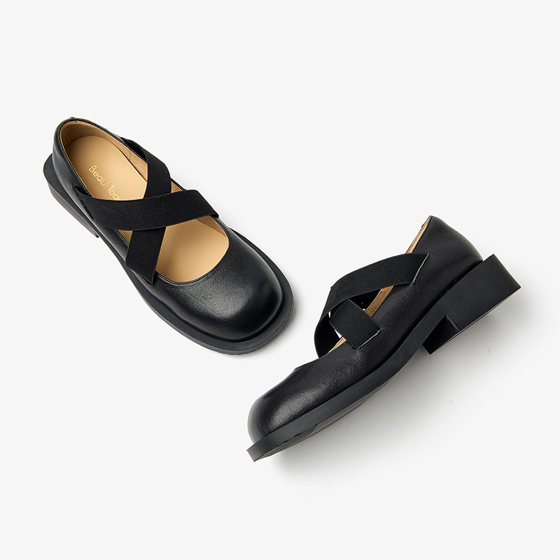 Flat BeauToday Shoes Women Sheepskin Cross-Tied Elastic Band Square Toe Solid Color New Spring Retro Ladies Slip-on Handmade 28476 b077