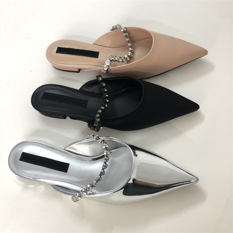 new designer pointed toe mirror silver leather slippers women crystal band summer shoes outdoor slides low heel mules sandalias