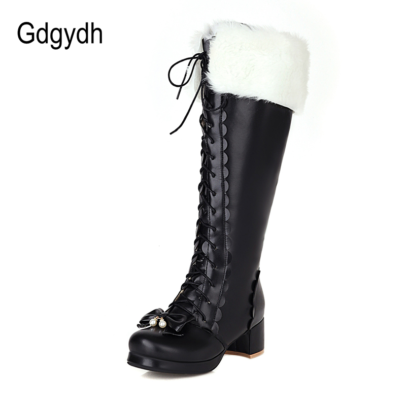 Gdgydh Warm Plush Winter Boots Women Knee High Long Boots Lace Up Pink Gothic Lolita Shoes Female Fashion Bow Knot Big Size