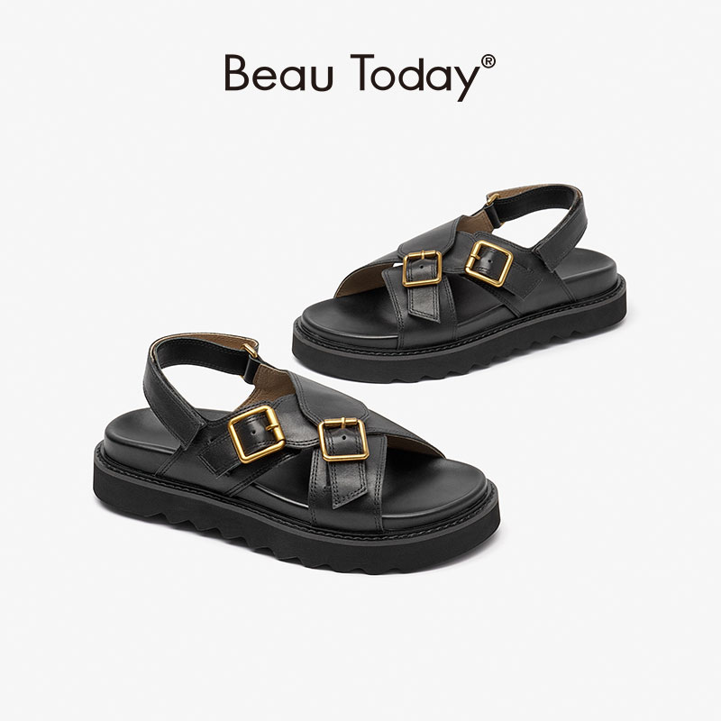 BeauToday Platform Sandals Women Double Buckle Back Strap Open Toe Slingback Casual Summer Outdoor Ladies Shoes Handmade 34542