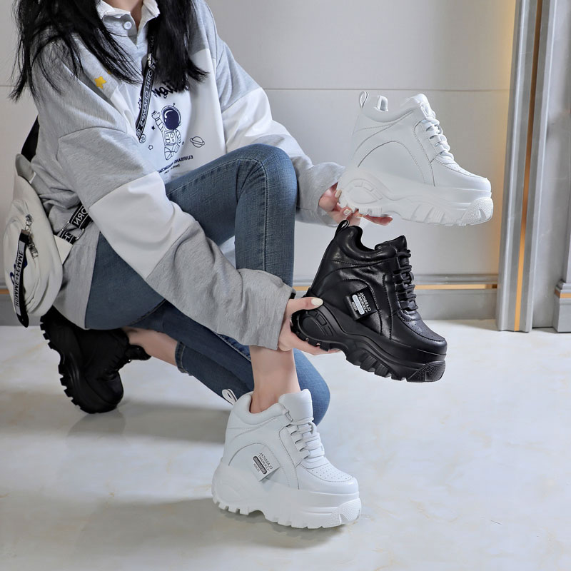Fujin 12cm Genuine Leather Super High Brand Women Casual Shoes Chunky Sneakers Autumn Spring Platform Hidden Heel Leisure Summer