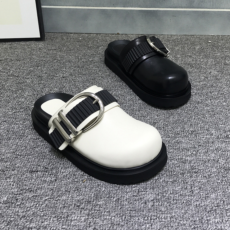 Slippers New Women 2023 Summer Fashion Closed Toe Leather Shoes Loafers High Platform Black Heels Mules Ytmtloy Wedges Indoor