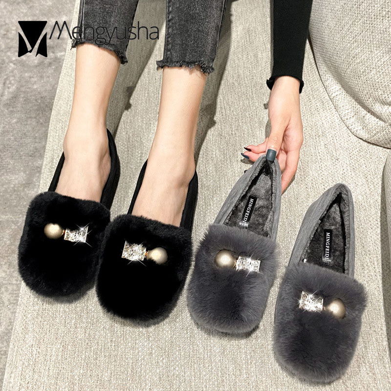 flats 78332 Rabbit woman fur crysatl metal ball plush loafers winter cotton shoes women fleeces furry moccasins plus size 40-43 ry
