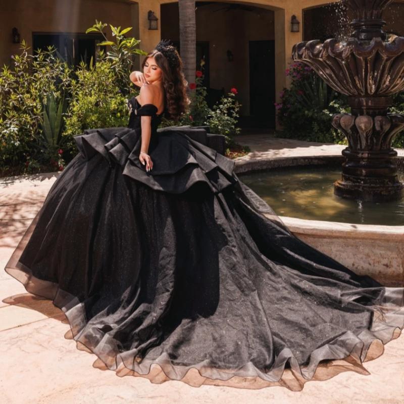 Mexican Black Shiny Sweetheart Quinceanera Dress Ball Gown Beaded Crystal Tiered Tull Corset Sweet 16 Vestido De 15 Anos