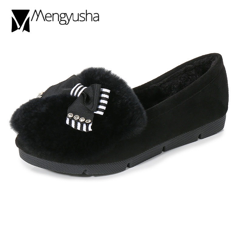 stripe f2d44 moccasin women furry winter shoes 34-43 big size rabbit fur flats female plush loafers crystal bow cotton creeper C98