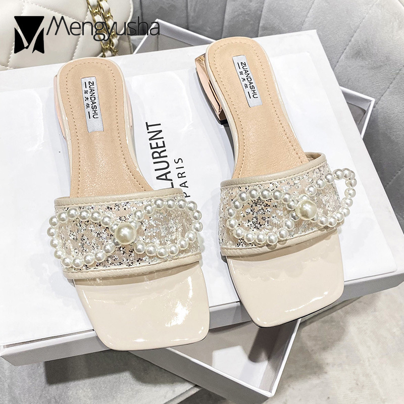 Pearl Brand European Bow Sandals Women String Beaded Slippers Square Low Heel Open Toe Flipps Ladies Beach Slides Shoes Woman