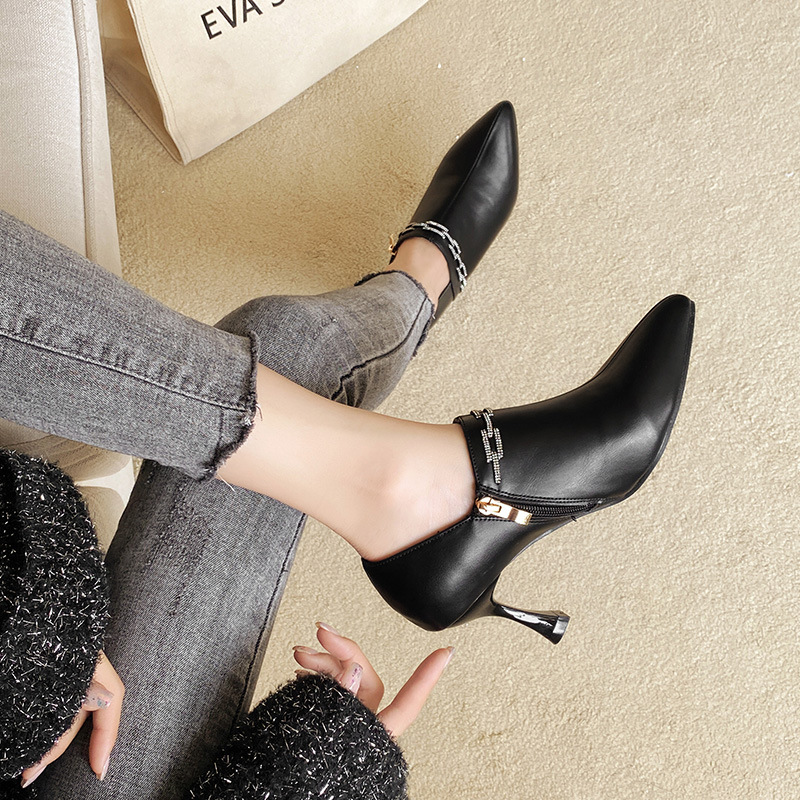 High Crystal Buckle Heels Women's Stiletto Ankle Boots Pointed Toe Rhie Booties Mujer Deep Open Leather Botas on Pump 8d72