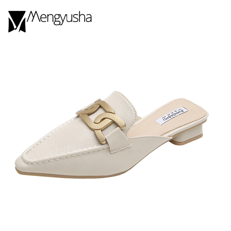 Plus Size 41/42 Women Metal Chain Slippers Square Low Heels Mules Ladies Sewing Shoes Summer Closed Pointed Toe Slides Sandalias