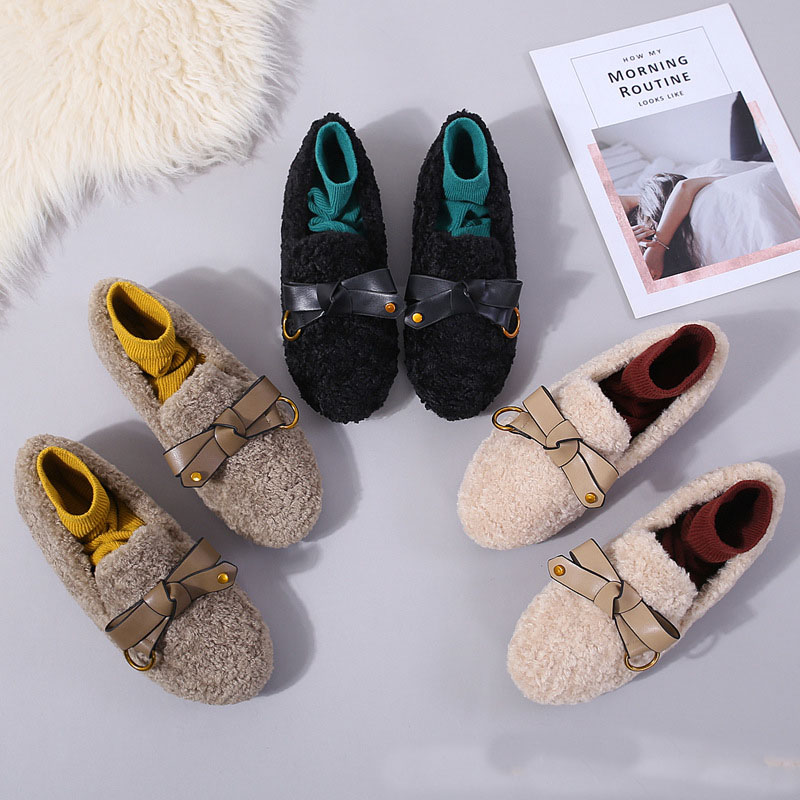 winter 2f6bf lambwool women all-match slip on bowtie moccasins 2023 new designer plush veet large size women's flats shoes 's