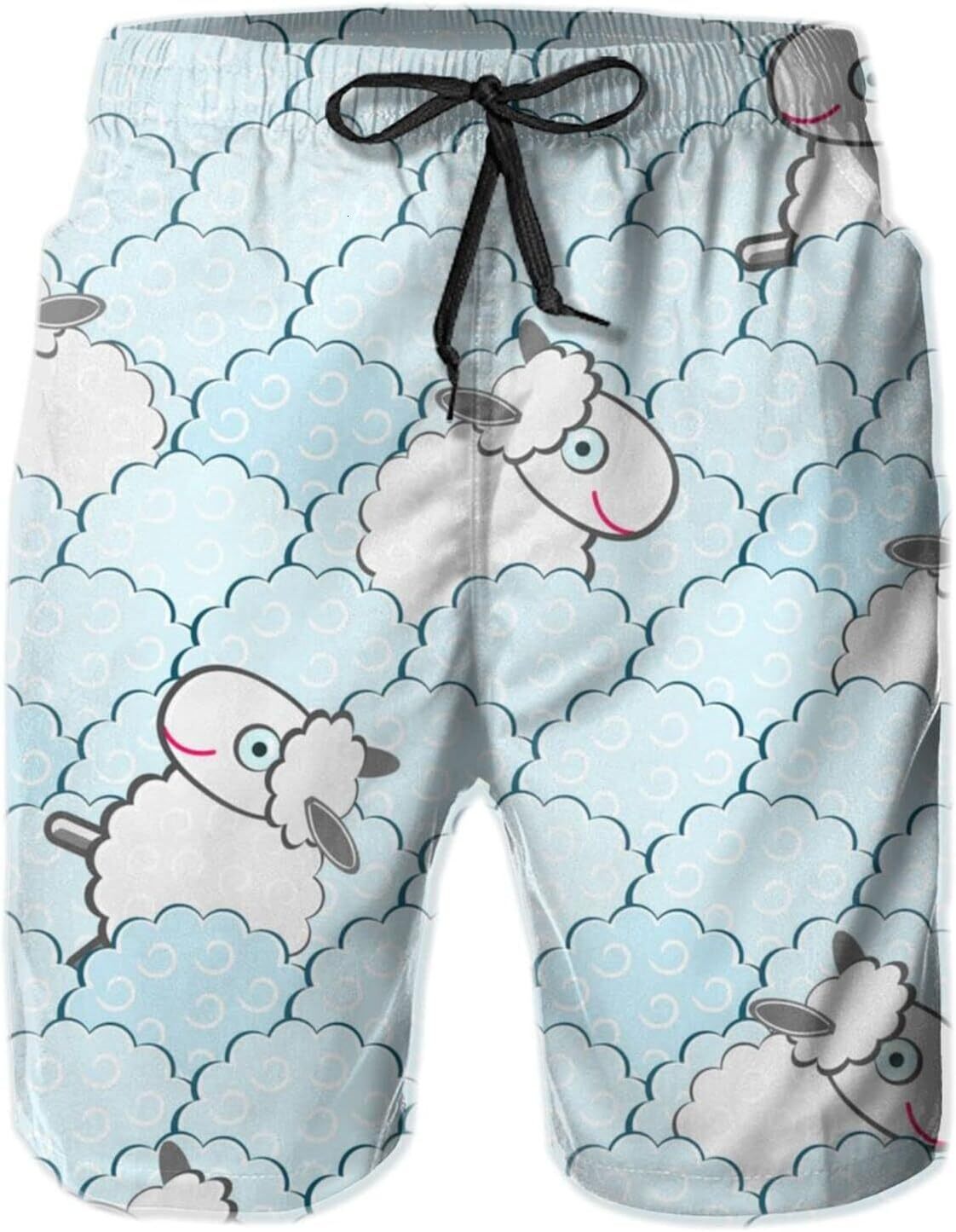 Mens Shorts 3D Printed Pattern Fun Cartoon Sheep Swim Trunks Quick Dry Stylish Beach Board Swimwear