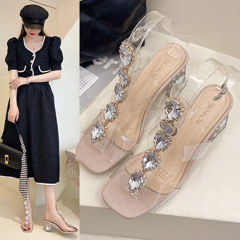 Sandal Block Heels 2023 Summer Sale Of Women's Shoes Suit Female Beige Quality New Buckle Strap All-Match Transparent Chunky Fashion 2983