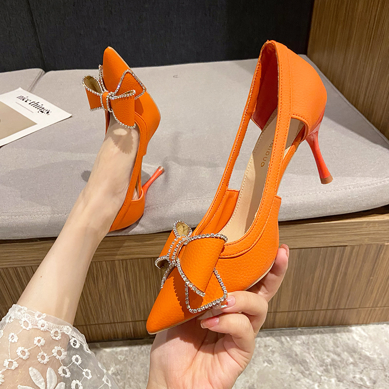 Women's New Pumps Bow Leather Pointed Toe High Women Satin Thin Heels Fashion Sexy Sandals Ladies Dress Shoes 470e