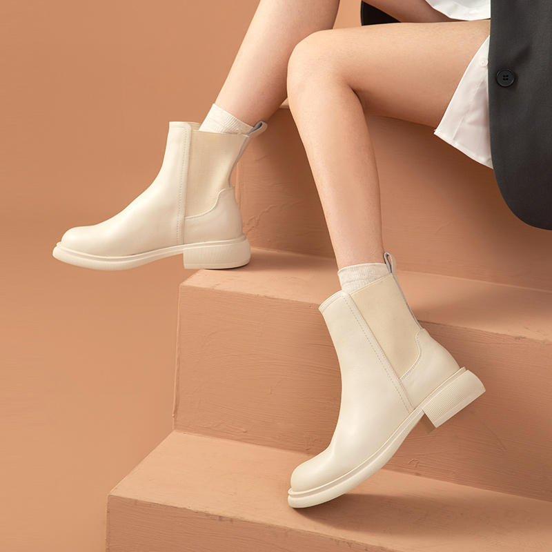 Boots BeauToday Ankle Women Genuine Cow Leather Elastic Band Round Toe Sewing Leisure Female Shoes Handmade 04212 991b