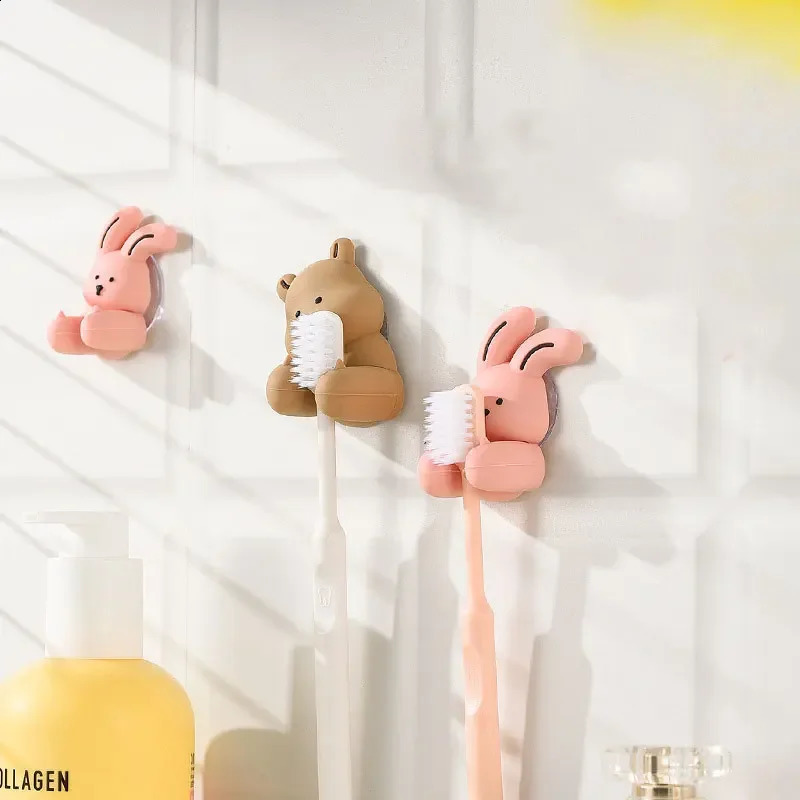 Cartoon Rabbit Bear Toothbrush Holder Wall-mounted Suction Cup Silicone Hook Sundries Storage Rack for Bathroom Accessories 240902
