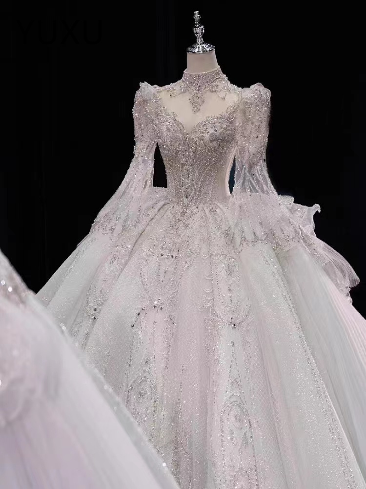 Arabic White long sleeves Wedding Dress Beaded Crystals Sequined Tiers Tulle Sexy Bridal Gowns Dresses Lace diamond Bridal plus size princess beach bo