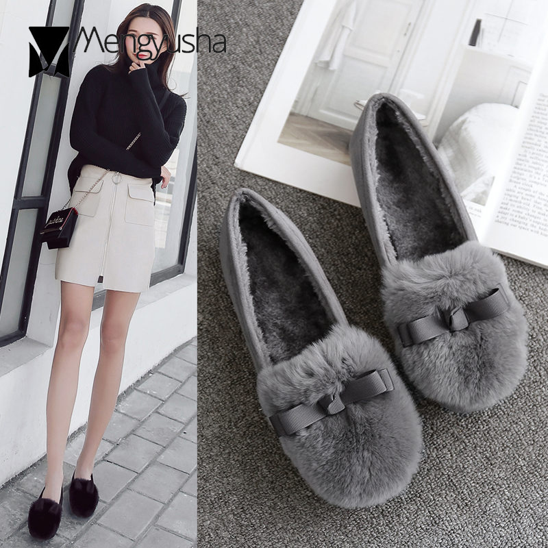 shoes fur Bow-knot cotton c17c3 women solid winter slip on moccasins celebrities round toe warm loafers hairy fleeces flats woman 2023