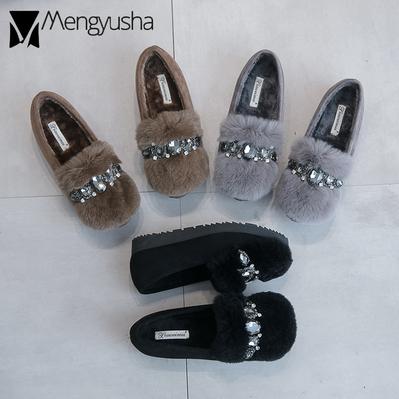 fur hair Rabbit Ladies 43333 shoes big size rhie winter plush cotton loafers flat heels crystal creepers new moccasins women