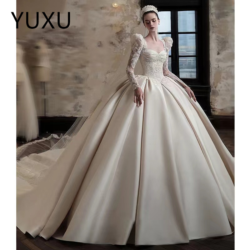 Elegant Long sleeves Satin Wedding Dresses luxury long Sleeves Court Train Bridal Gowns Elegant Ivory Satin Ruffles beach Boho Country Bride Reception
