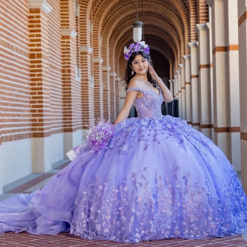 Lavender Sparkly Sweetheart Ball Gown Quinceanera Dresses Beads Crystal Sequin Appliques Birthday Party Gowns Vestidos De 15 Sweet 16