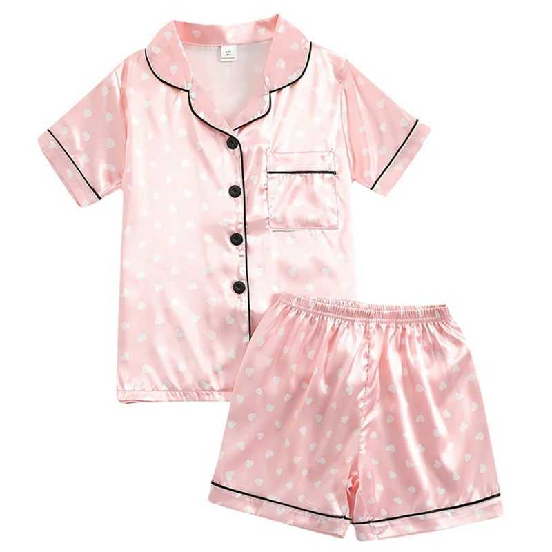Girls simulated silk short sleeved family clothing set childrens button neck pajamas 8-12 year old childrens pajamas set W240802