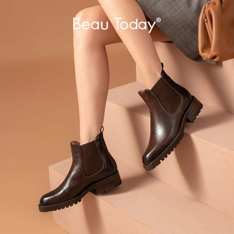 Ankle BeauToday Boots Women Cow Leather Retro Wa Round Toe Elastic Bands Autumn Winter Lady Shoes Handmade 03463 0a6e