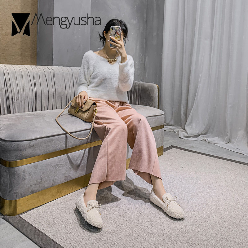 fur a46ca flats lamb Butterfly-Knot woman furry wool moccasins ballerina winter cotton shoes for women warm plush fleeces loafers ry