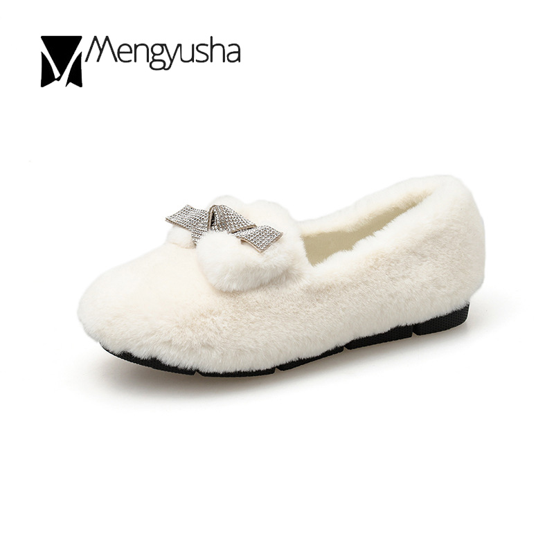 9c338 winter Crystal loafers fur bow-tie slip on moccasins warm round toe flats creepers plush comfort furry cotton shoes women ry cott