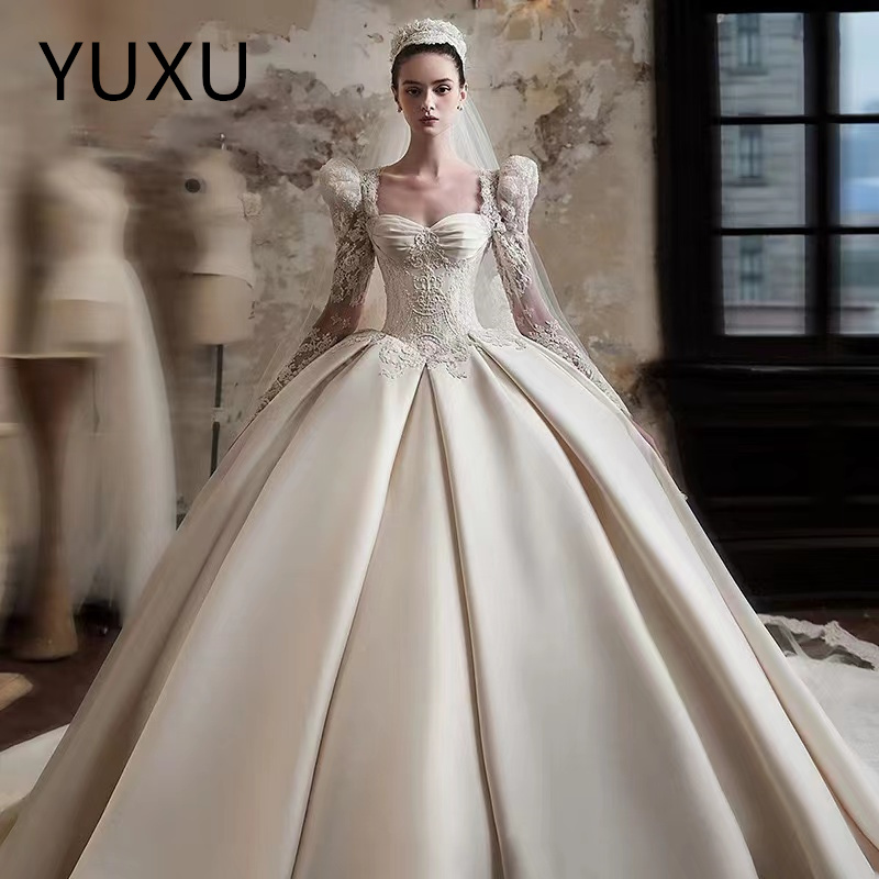 Elegant Long sleeves Satin Wedding Dresses luxury long Sleeves Court Train Bridal Gowns Elegant Ivory Satin Ruffles beach Boho Country Bride Reception