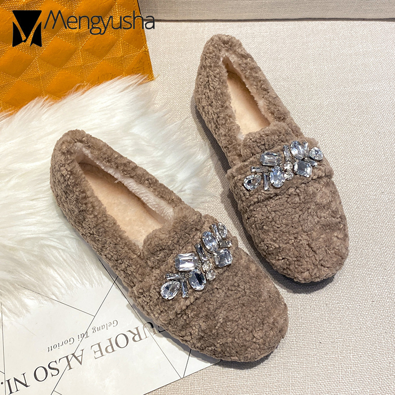 04c14 fur rhie clear wool women winter warm plush loafers anti-slip crystal beading cotton shoes woman furry flats size 43 ry