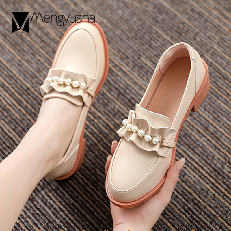 ruffles 7b198 Chic Matte&patent leather beads oxfords women loafers round toe thick heels brogue shoes woman shallow pearl flats