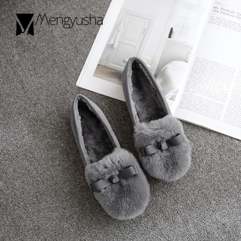 shoes fur Bow-knot cotton c17c3 women solid winter slip on moccasins celebrities round toe warm loafers hairy fleeces flats woman 2023
