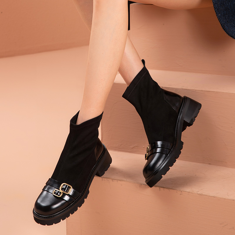 Sock BeauToday Ankle Boots Women Cow Leather Stretch Fabric Metal Buckle Slip On Platform Sole Ladies Shoes Handmade 03518 fdab