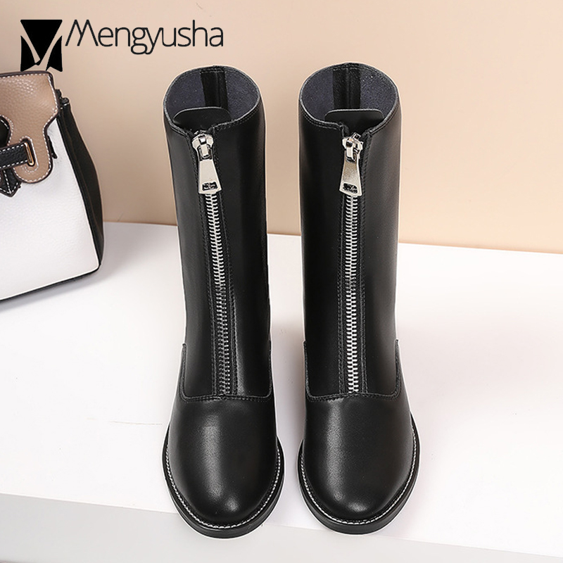 Zipper Women Brand Front Zip Closure Short Boots High Top Mid-Calf Motorcycle Botas Plush Winter Footwear Snow Booties 5be5