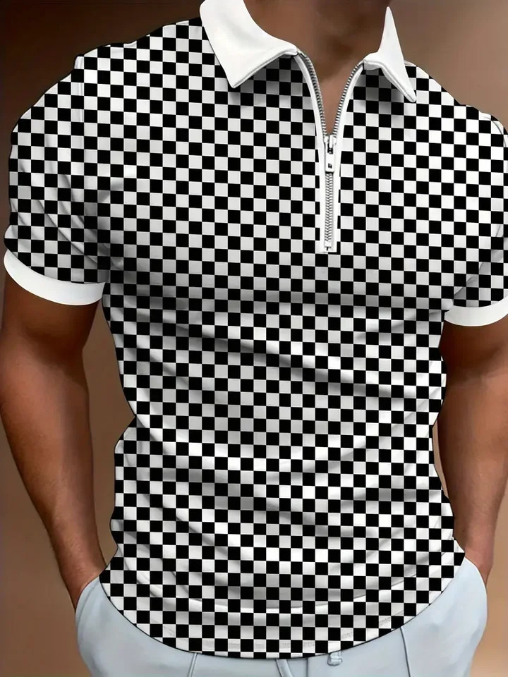 Fashion Mens Short Sleeve Zip Lapel POLO Shirt 3D Printed Plain Business Casual Polo T Pullover Top 240902