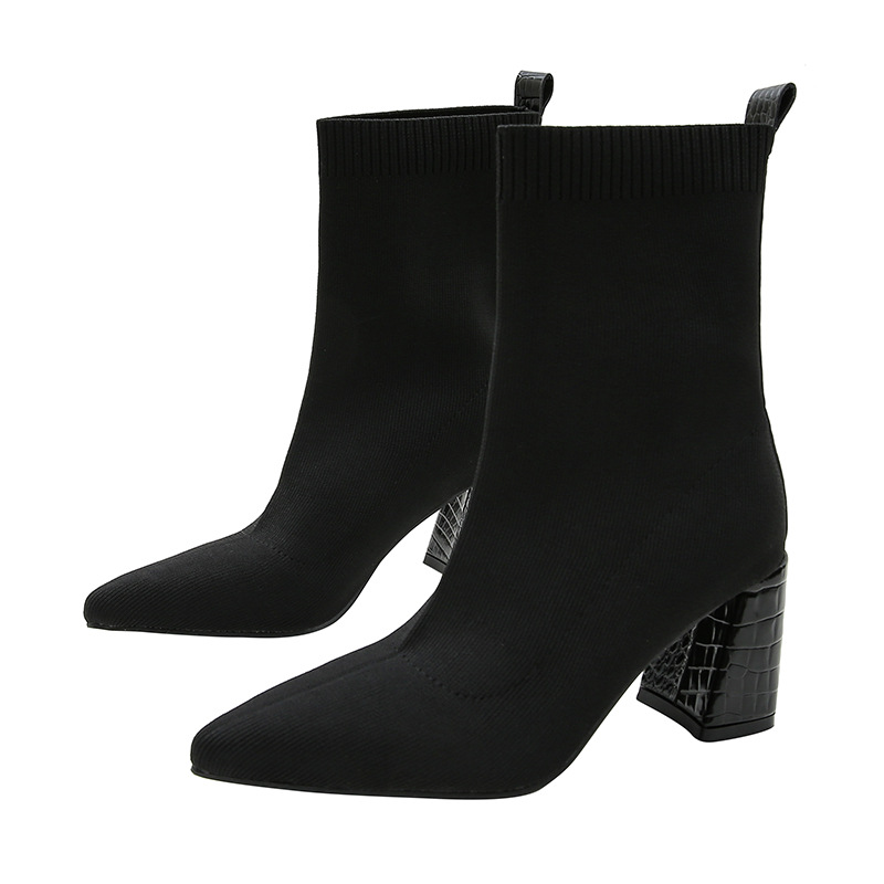 big size 35-42 sock boots women high heels winter shoes pointed toe knitting ankle bottine femme stretch yarn elastic botas c620