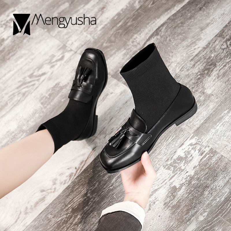 pu&stretch weave Tassel sock bottes women patchwork square toe fashion plush botas two wear flat heel girls preppy winter boots 7373