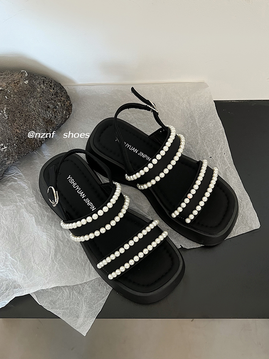 2023 New Women's Summer Pearl Beading On Women Sandals New Elegant Solid Non Slip Open Toe Beach Quality Female Platform Shoes N