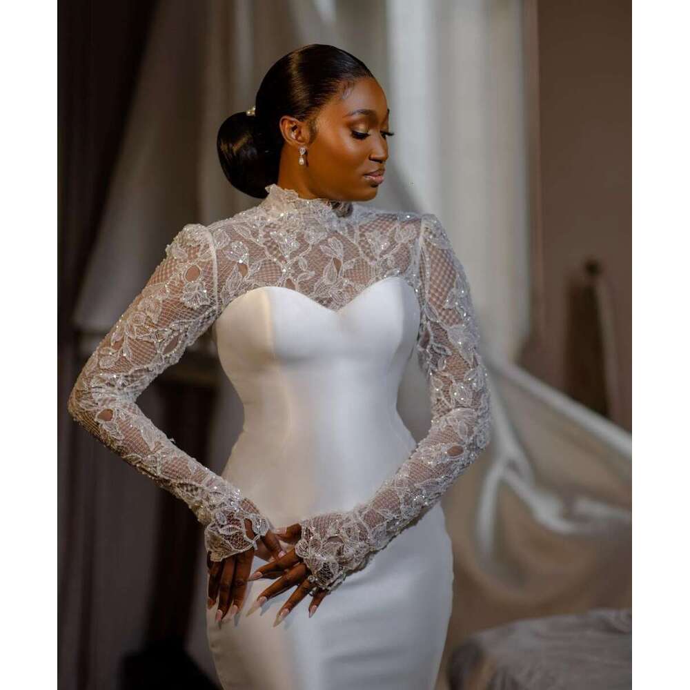 White Elegant Mermaid Wedding Dress High Neck Lace Long Sleeves Satin Zipper Court Gown Custom Made Vestidos De Novia