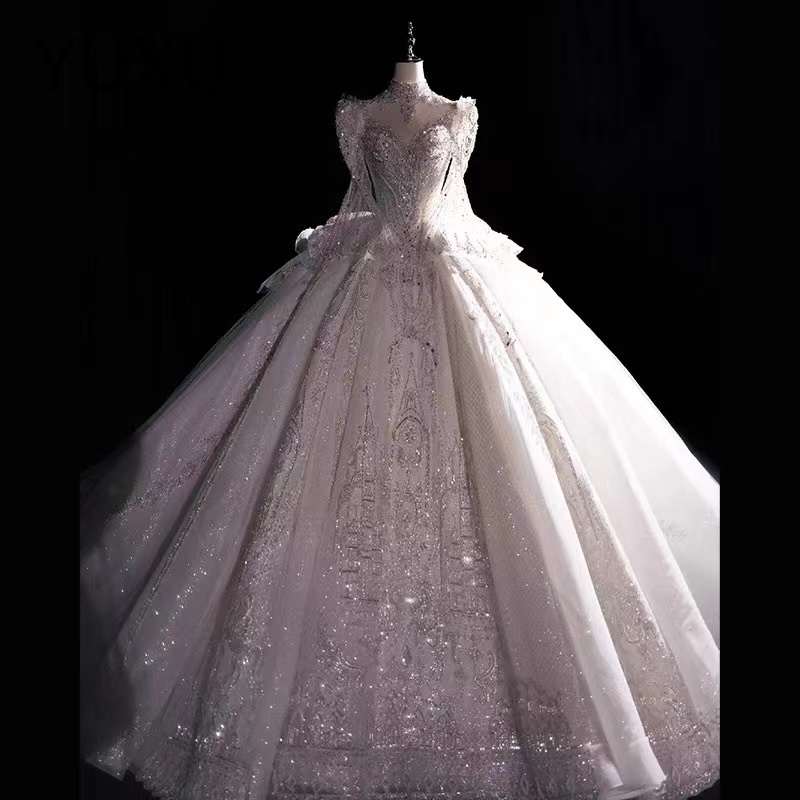 Arabic White long sleeves Wedding Dress Beaded Crystals Sequined Tiers Tulle Sexy Bridal Gowns Dresses Lace diamond Bridal plus size princess beach bo