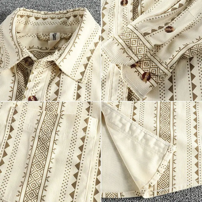Spring Autumn Fashion Turn-down Collar Long Sleeve Printing Blouse Mens Clothing Vintage Button Loose Korean Trend Shirts 240902 - view 7